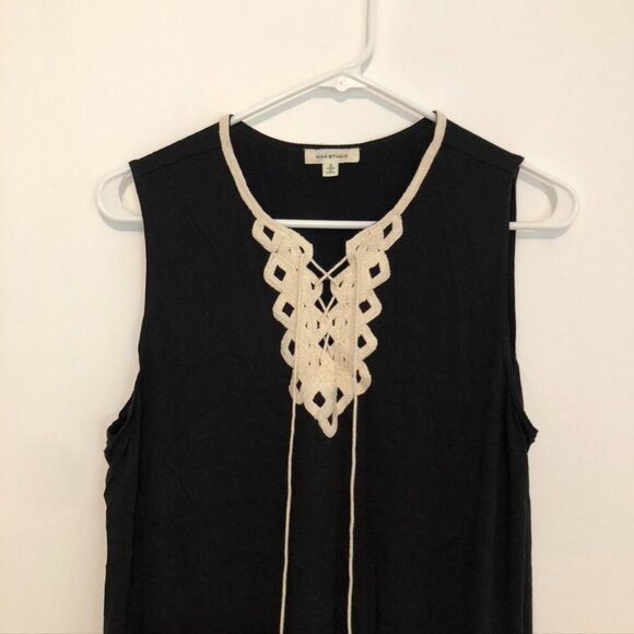 MAX STUDIO Black Cream Beige Embroidered Lace Up Tassel Sleeveless Shift Dress S - Picture 4 of 12